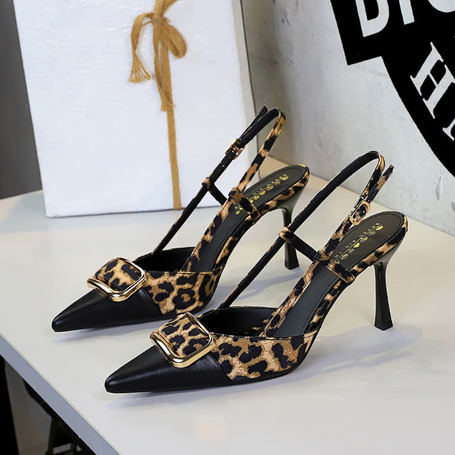 Women's Shoes Banquet Satin Leopard Print Belt Buckle Pointed Toe High Heels With Open Back And Strappy Stiletto Heels For Women