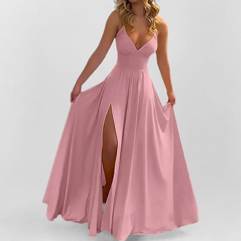 Spring Women's Fashion Solid Color Spaghetti Strap Slim Fit Dress With Side Slit And Ruffle Edges