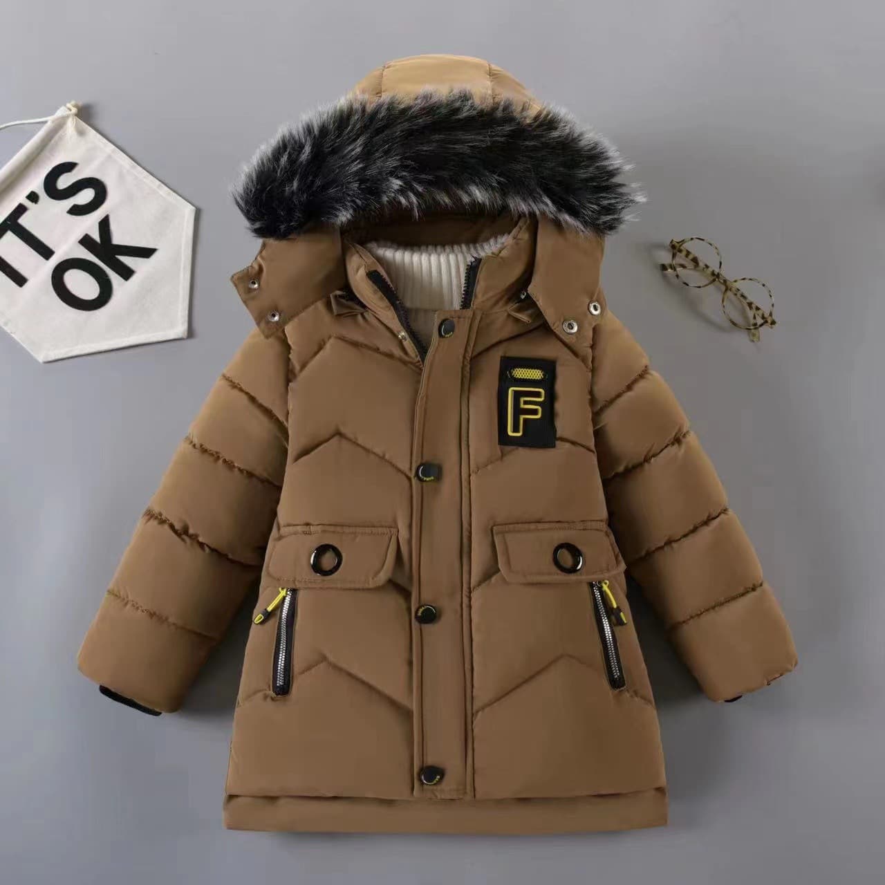 Mother & Kids 2024 New Winter Cotton-Padded Jacket For Boys In Long Medium And Small Children Thickened With Large Wool Collar Cotton-Padded Jacket
