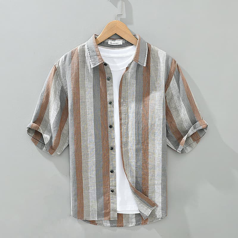 Men's Clothing New Summer Shirt Fresh Literary Stripes Loose Casual Half Length Short Sleeved Shirt