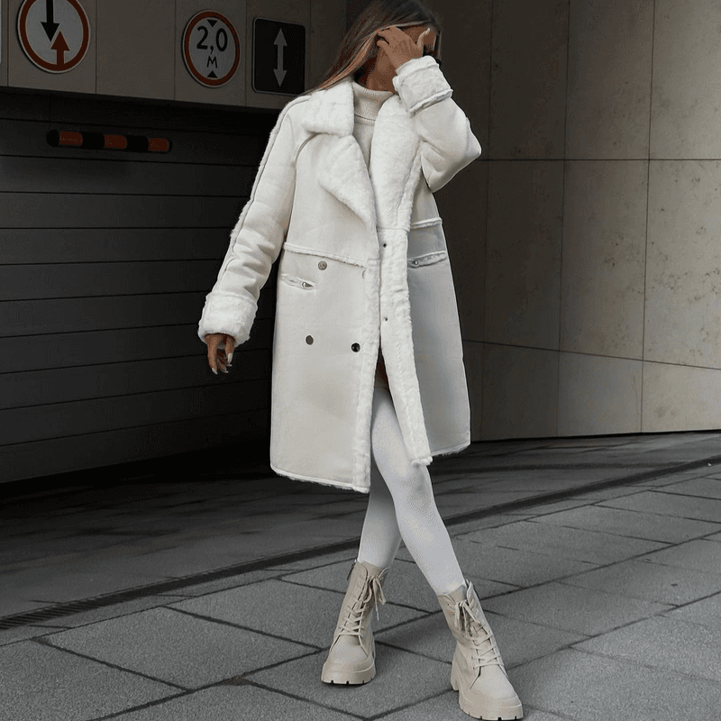 Women's suede suit collar cardigan long sleeve plush coat