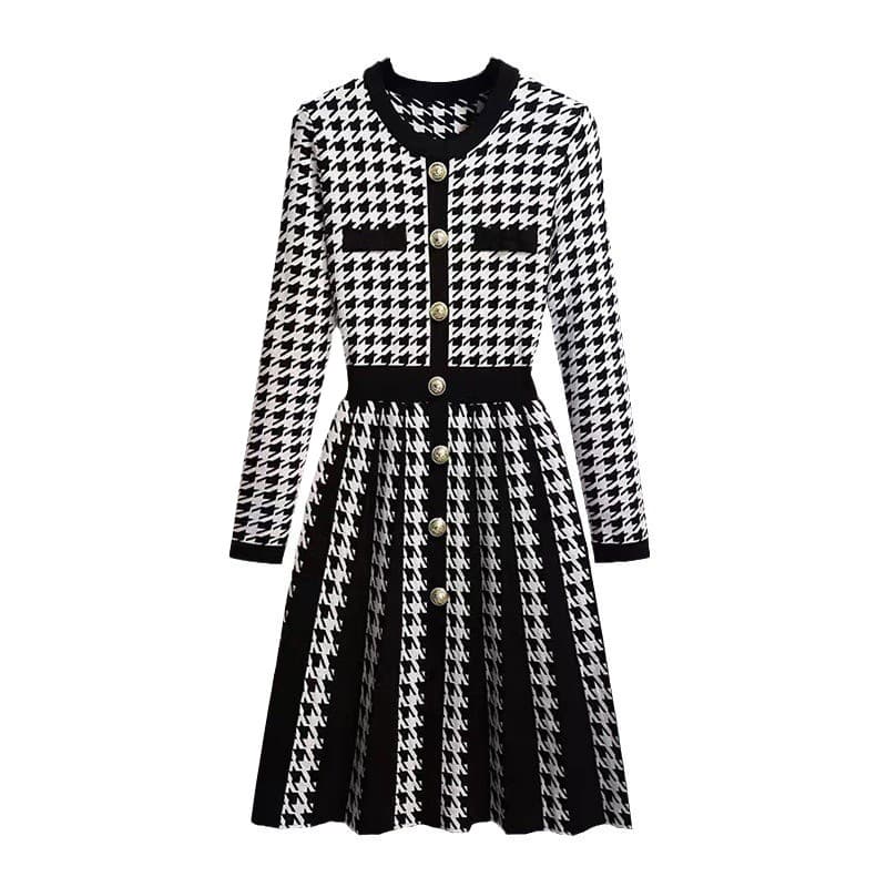 Women's Clothing knitted dress autumn and winter new houndstooth contrast color round neck long sleeve a line skirt