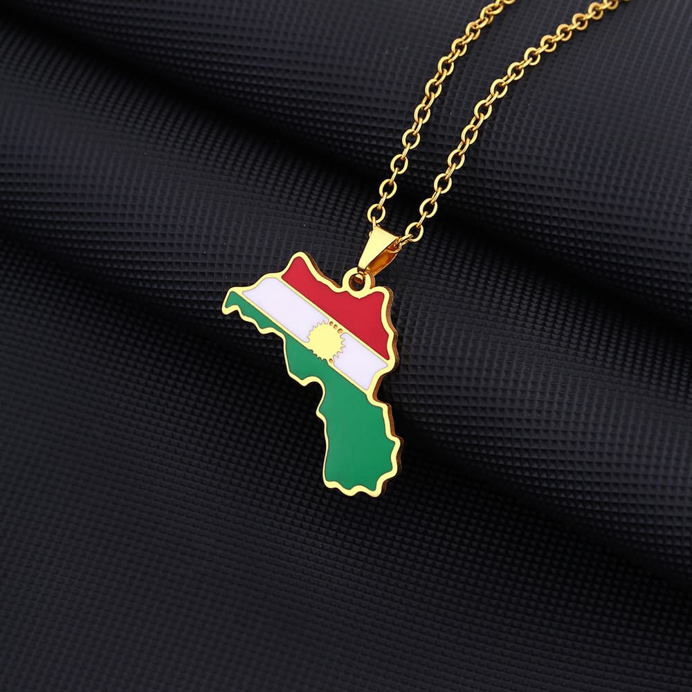 Collier avec pendentif carte du Kurdistan en forme de goutte d'huile, style rétro, en acier inoxydable, pour hommes et femmes