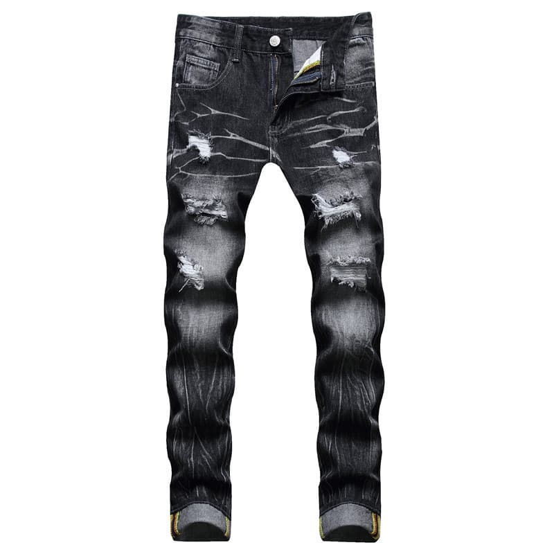 Jeans Street Style Flower Stitched Ripped Straight Tube Denim