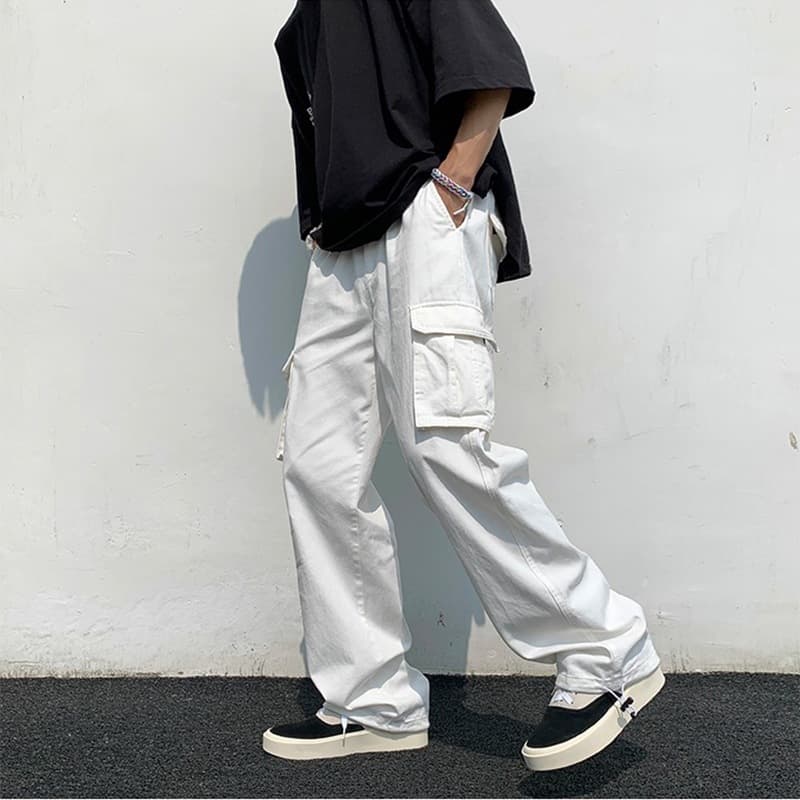 Men's clothing [SHOPEE Hot Style] PH Men's Clothing Cotton White Loose Multi-Pocket Functional Style Casual Work Pants