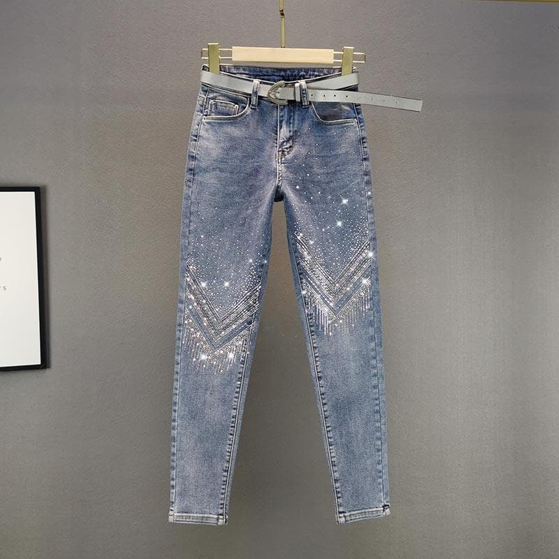 Women's Clothing Heavy Duty Hot Diamond Skinny Jeans For Women Summer New All Match High Waist Slim Nine Point Skinny Pants