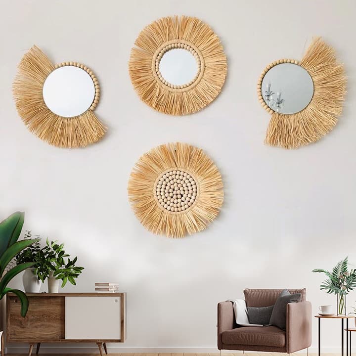Nordic Handwoven Raffia Wall Mirror - Boho Rattan Round Decorative Mirror For Living Room & Bedroom