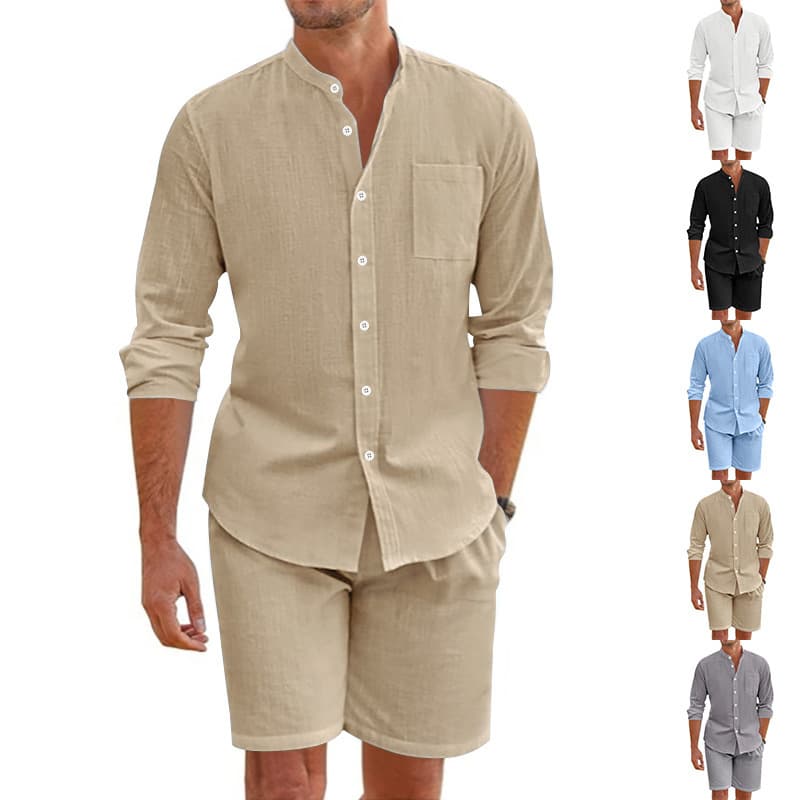 Men's Clothing Linen Button Shirt Long Sleeved Shorts Cardigan Casual Loose Beach Suit