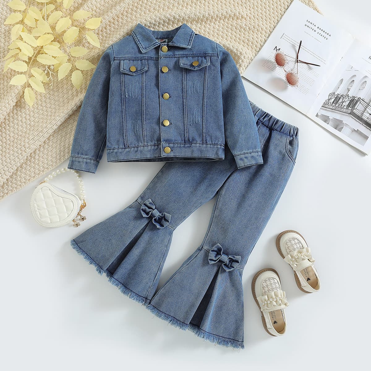 Children's Spring And Autumn Dress Girls Denim Suit With Coat Denim Flare Pants