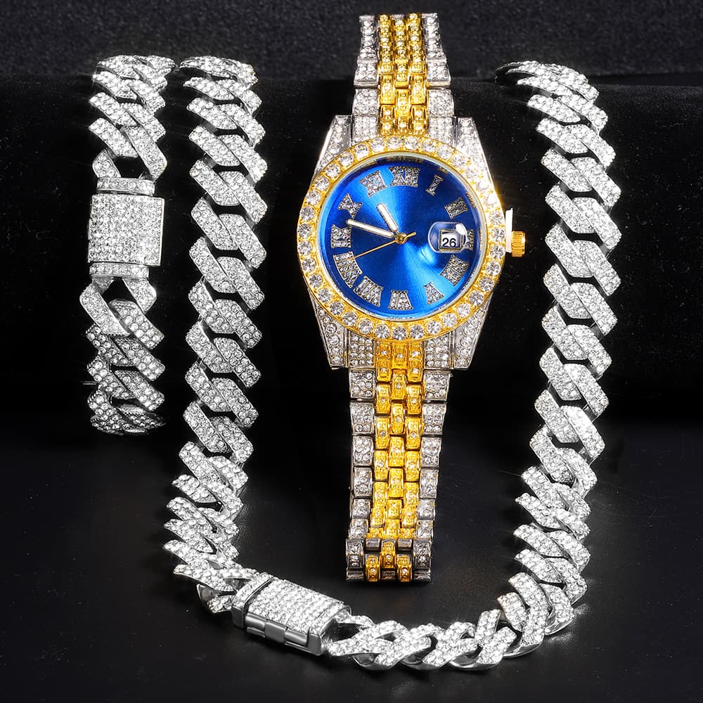 Men's Watches Stylish Diamond Set Hip Hop Large Dial Quartz Watch Set 3pcs/Set