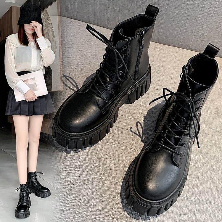 Women's thick-soled lace-up Martin boots 2022 autumn and winter New Korean style leather women's boots comfortable soft-soled women's mid-calf boots f