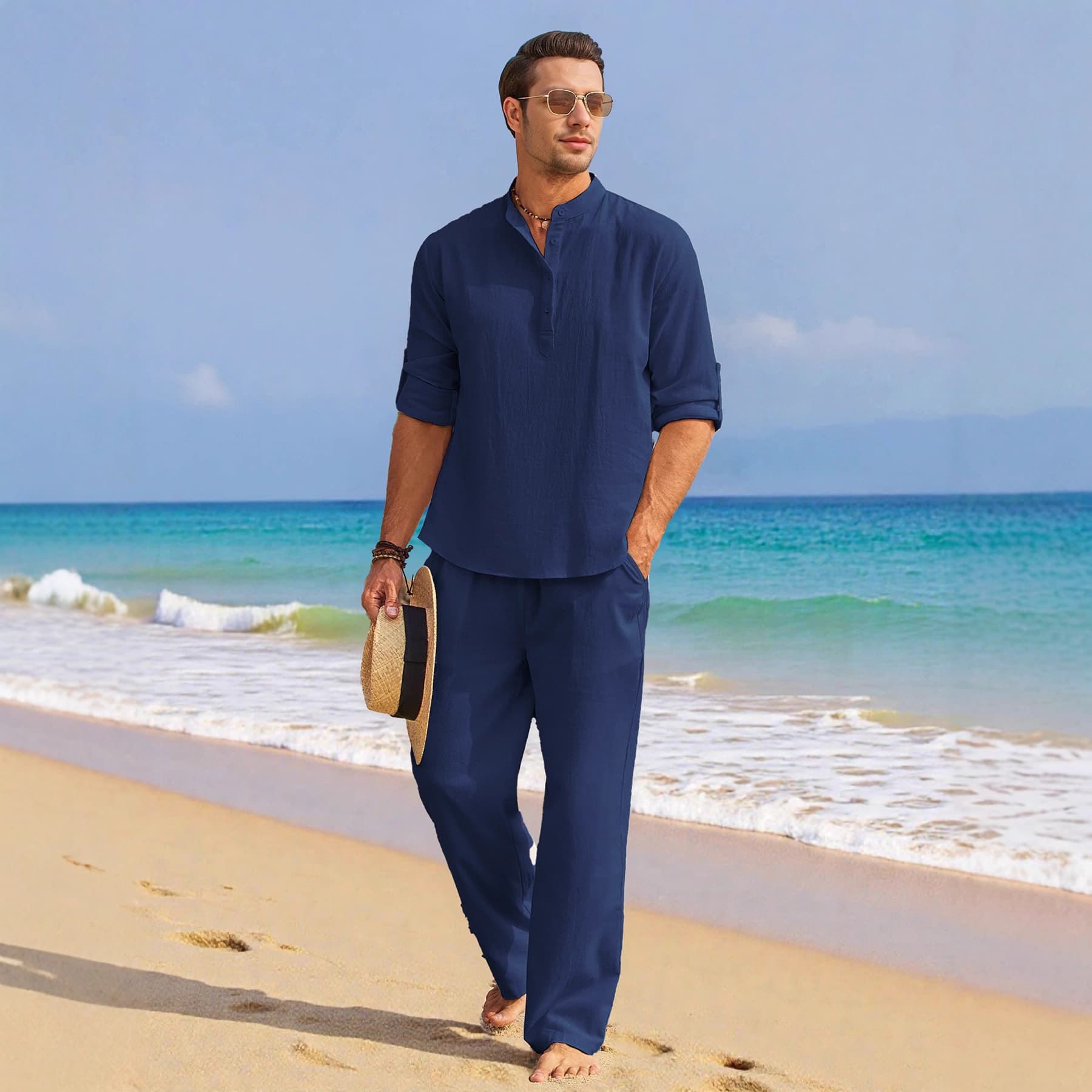 Men's Summer Linen Shirt And Trousers Set Solid Color Stand Collar Drawstring Detail For Stylish Outfits