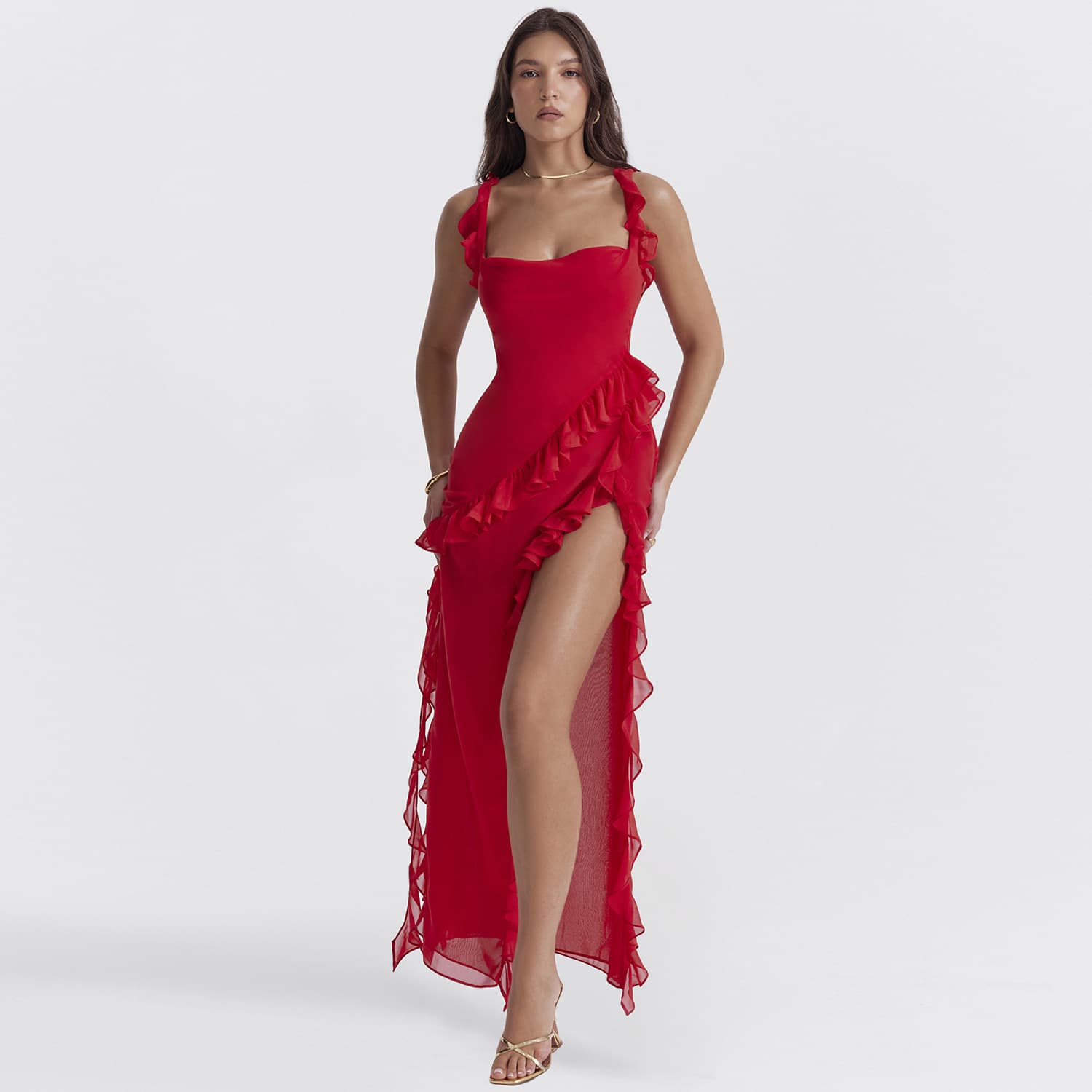 Women's clothing summer and autumn new fashion sexy wood ear edge stitching temperament slit dress