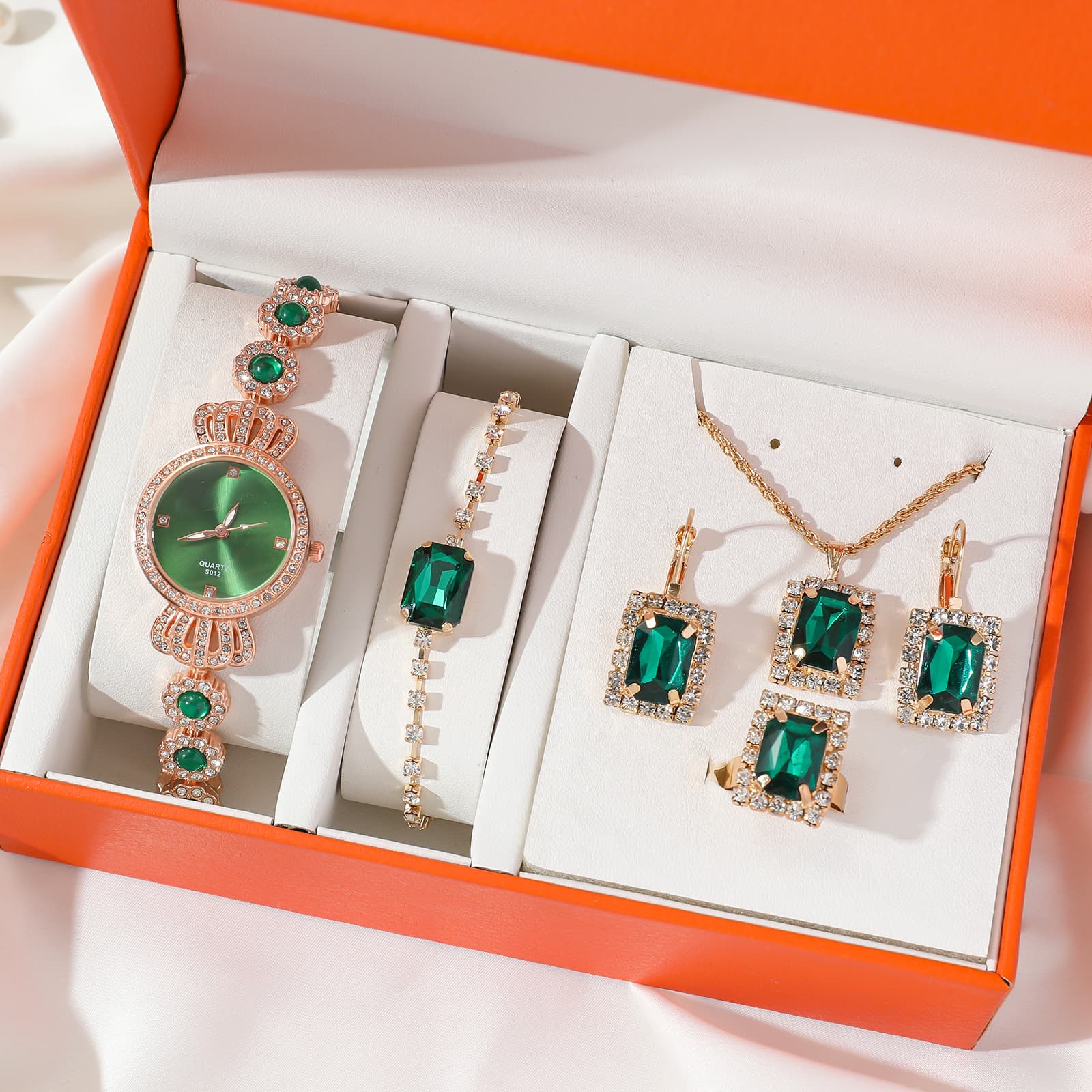 Elegant Women's Jewelry Set - Necklace, Bracelet, Earrings & Ring With Rhinestones & Geometric Design