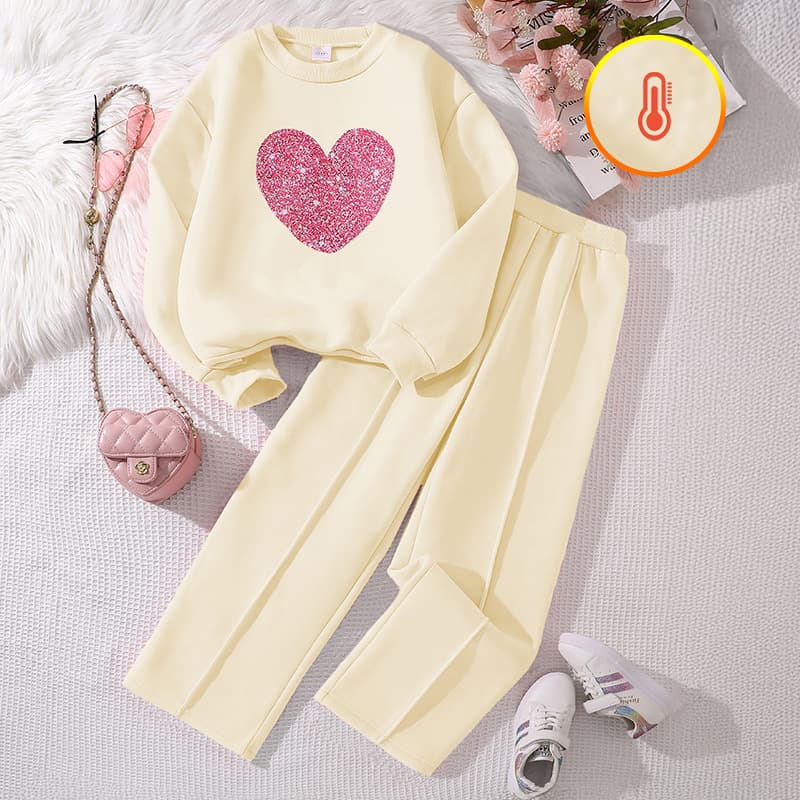 Girls Casual Two Piece Set Long Sleeved Top And Pants Heart Shaped Lining Autumn Winter Style Children's Clothing