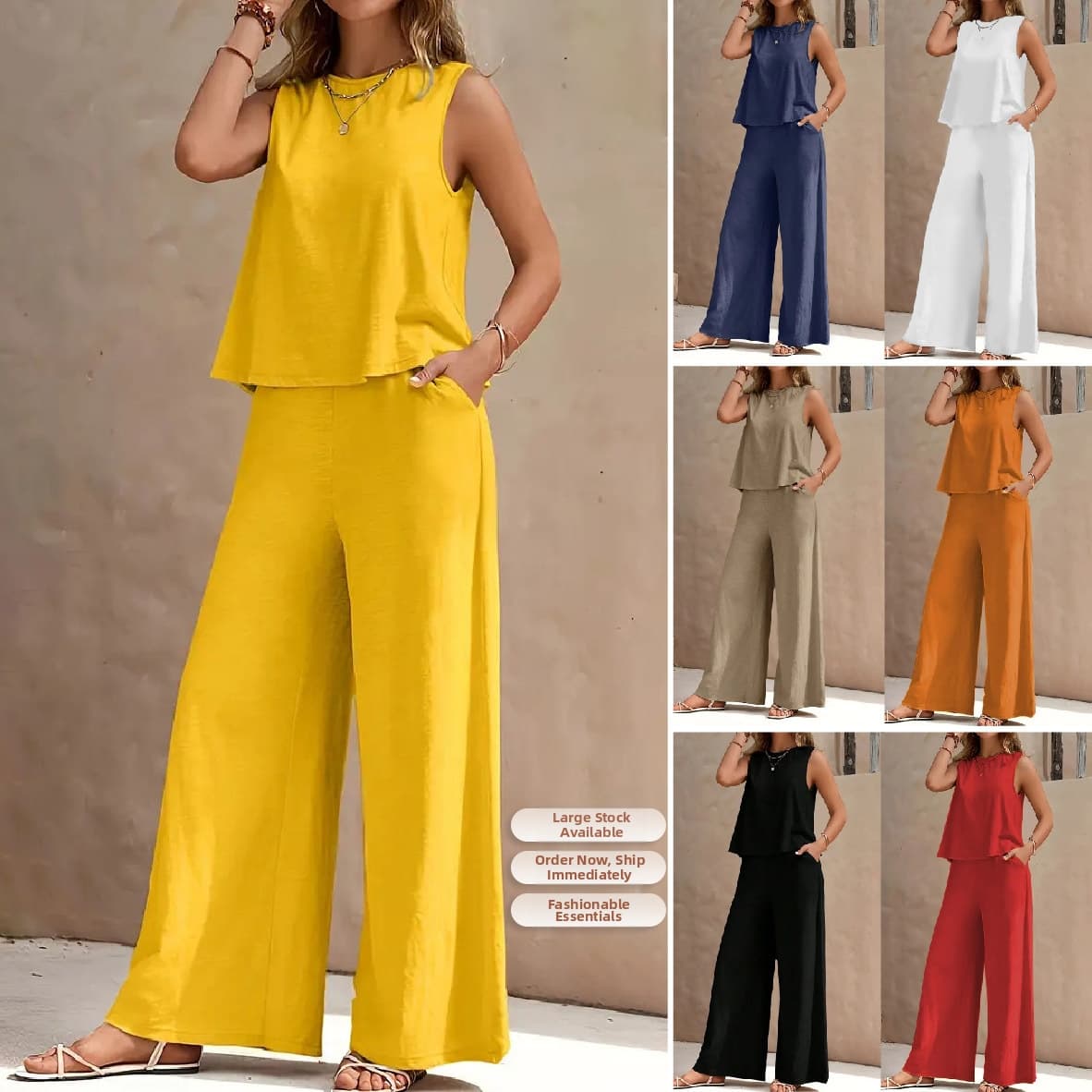 Women's Clothing Elegant Two Piece Set Solid Color Round Neck Vest Wide Leg Pants Bestseller