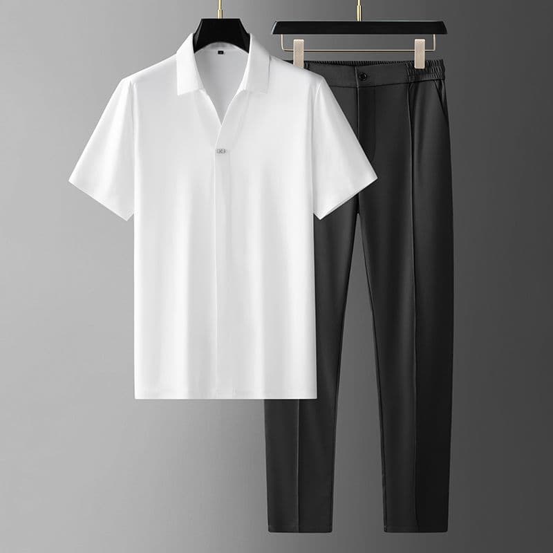 Men's Clothing Summer Ultra Thin Silky Ice Silk Light Luxury Seamless Glued Short Sleeved Shirt Suit Business Casual Sports Two Piece Suit For Men