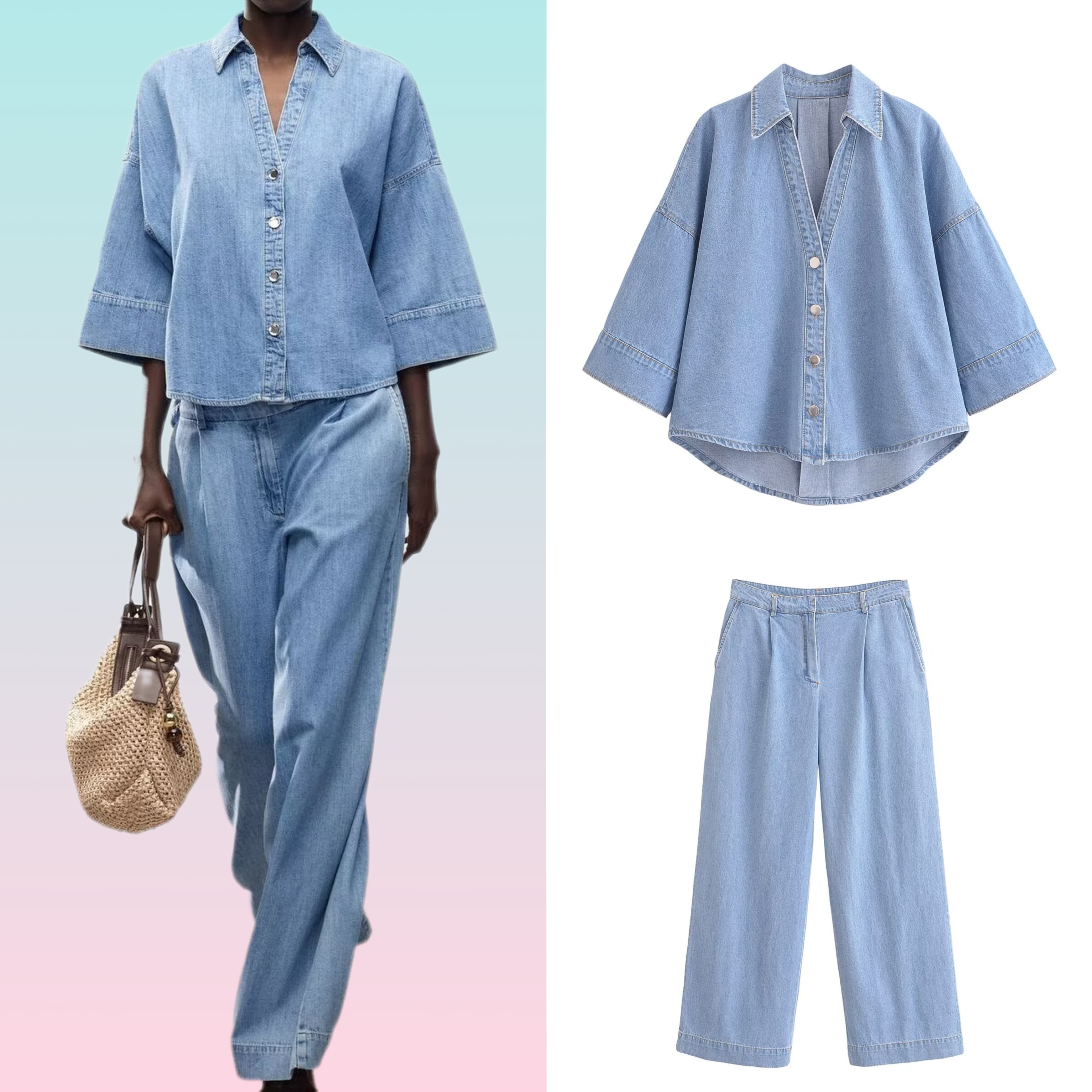 2025 New Summer Women's Outfit Set Two-Piece Wide Sleeve Denim Shirt And Long Pants