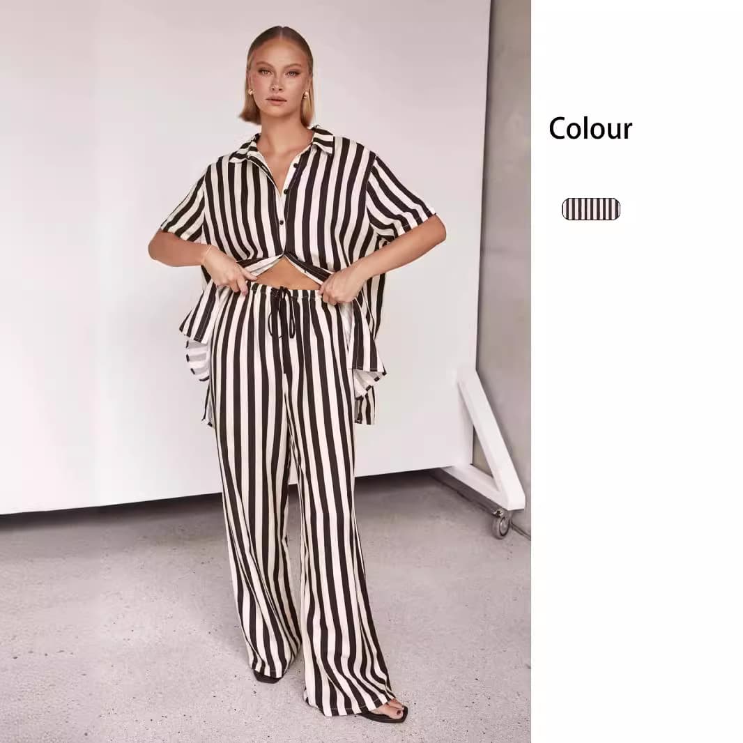 Women's Clothing Fashion Casual Polo Collar Striped Colorblock Short Sleeve Suit