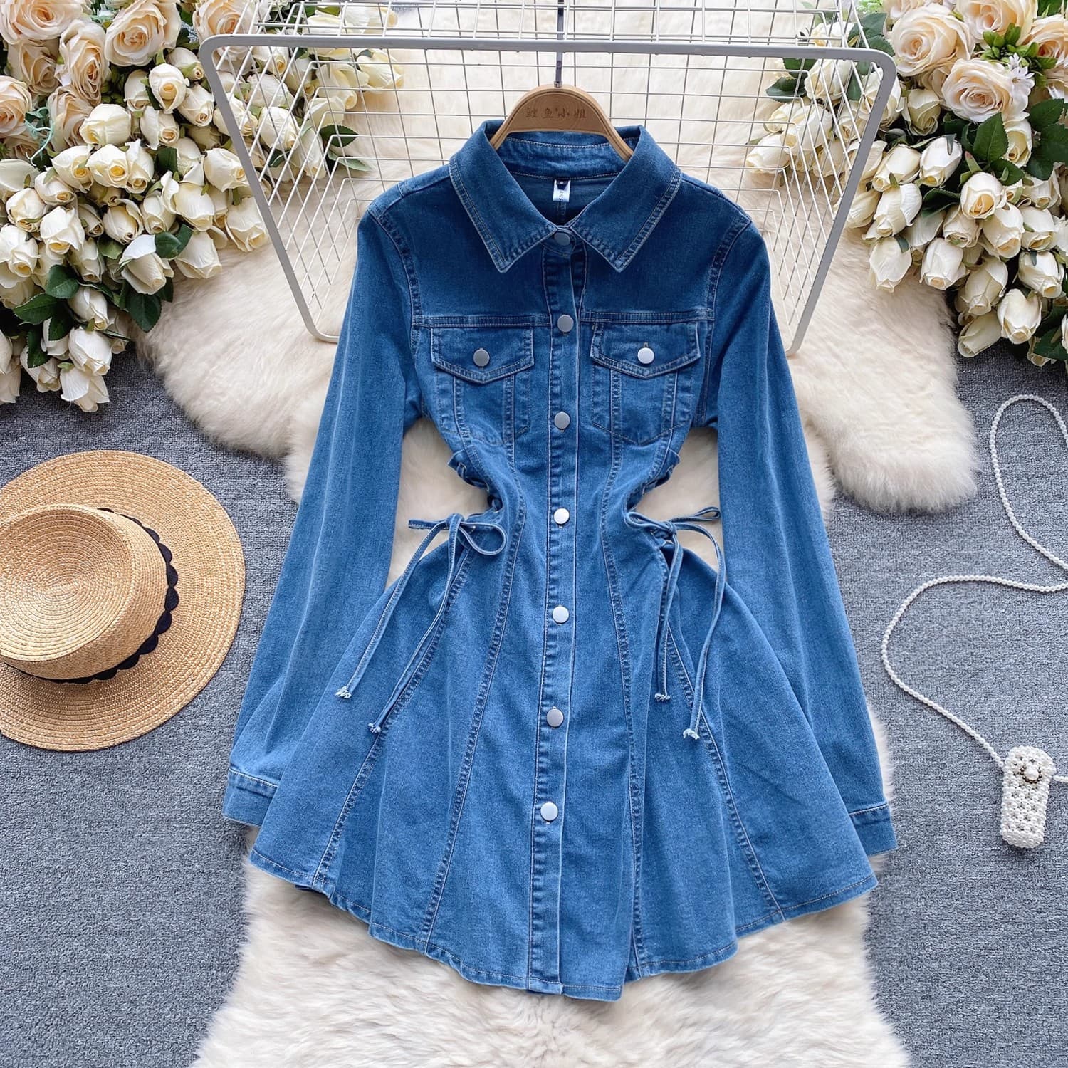 Women's Clothing retro denim skirt design with straps, slim waist and temperament buttoned slim short dress