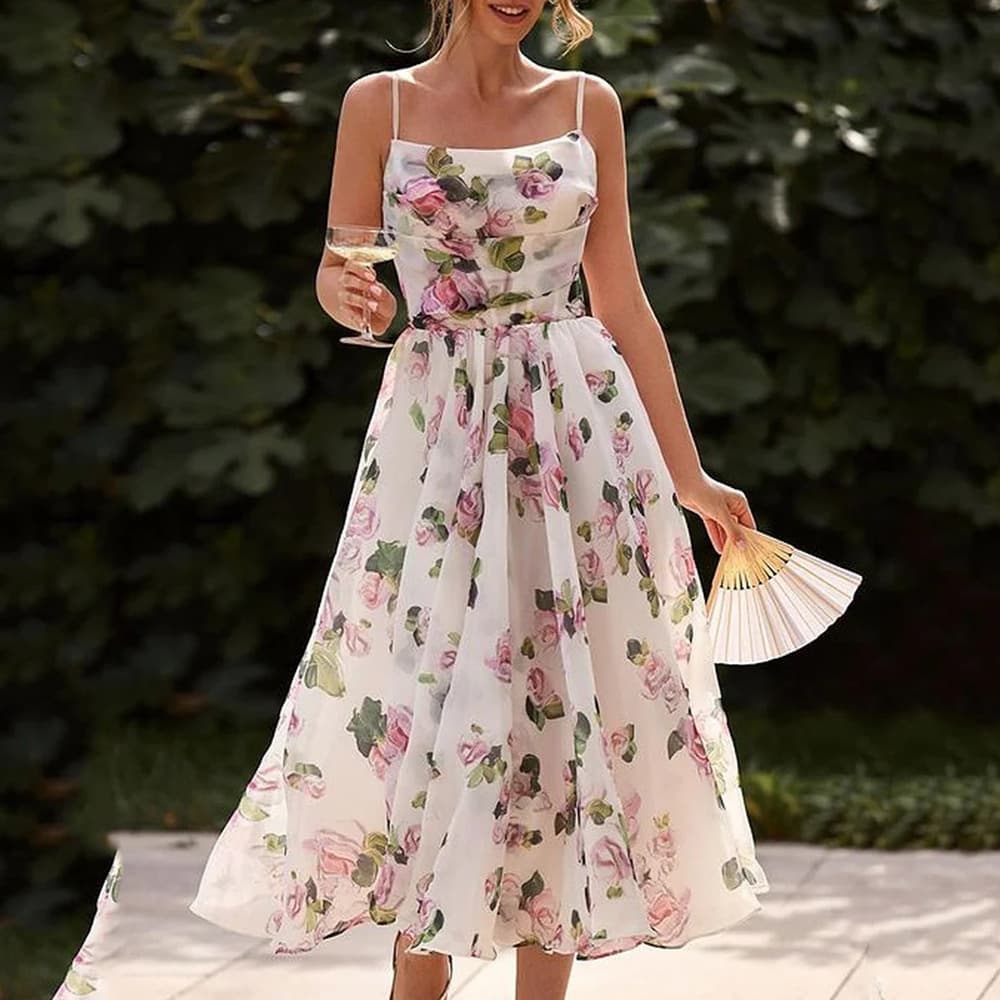 Women's Clothing New Summer Fashion Rose Printed Mid-length Home Suspender Dress
