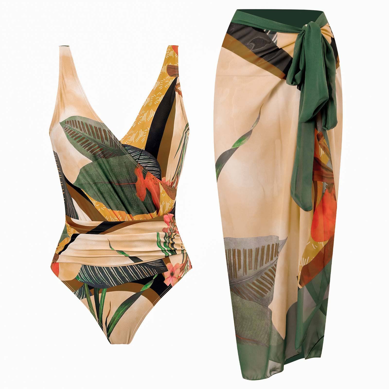One piece conservative cover belly open back sexy large size 2023 new swimsuit women's chiffon beach skirt
