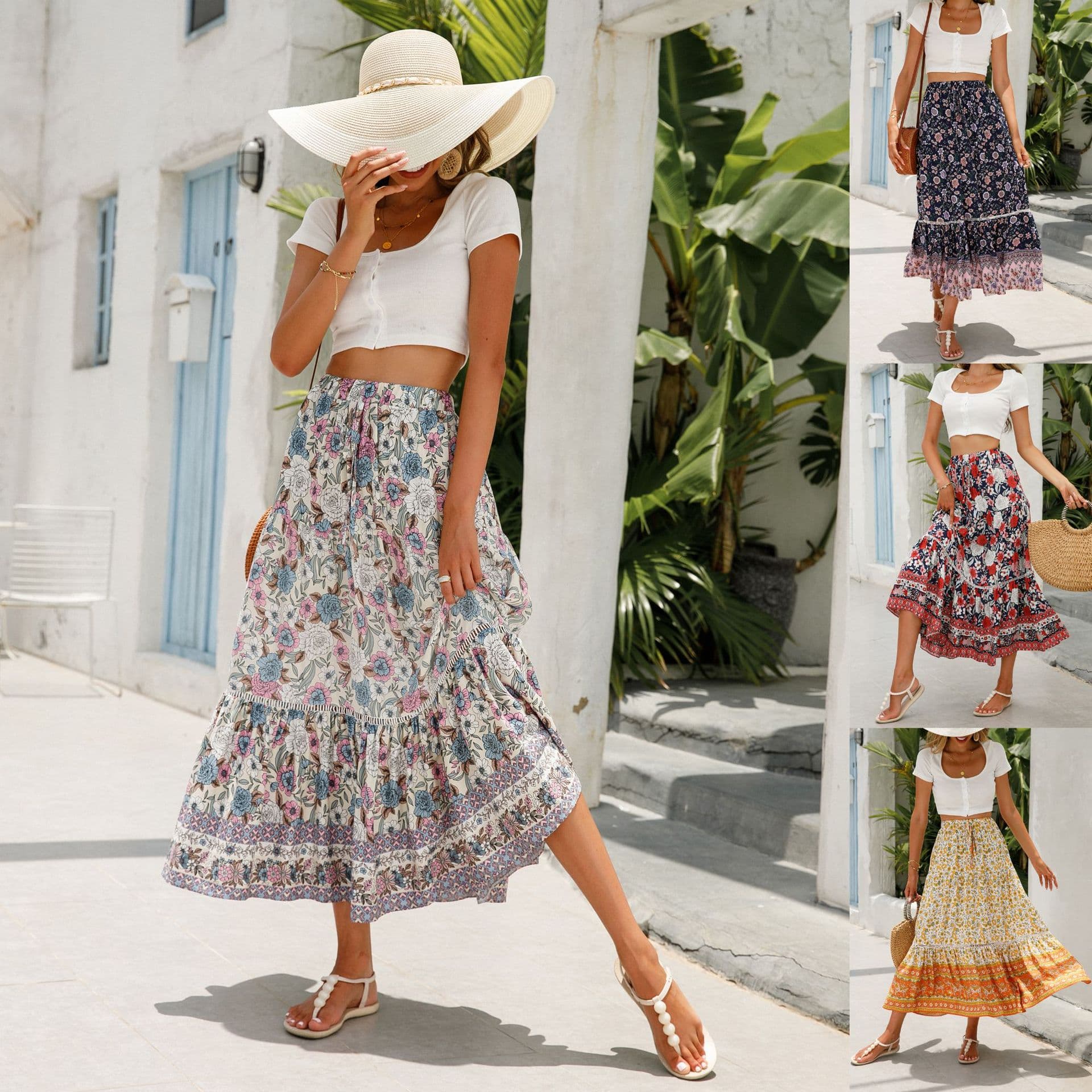 2023 New Lace Spliced Long Dress Human Cotton Bohemian Beach Resort Style Halflength Skirt