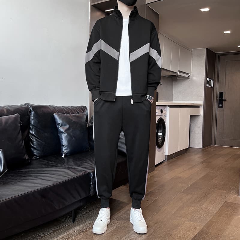 Men's Sporty Zip-Up Tracksuit Set - Stylish Stand Collar Sweatshirt & Lounge Pants (Black/Khaki/Navy, Sizes M-4XL)
