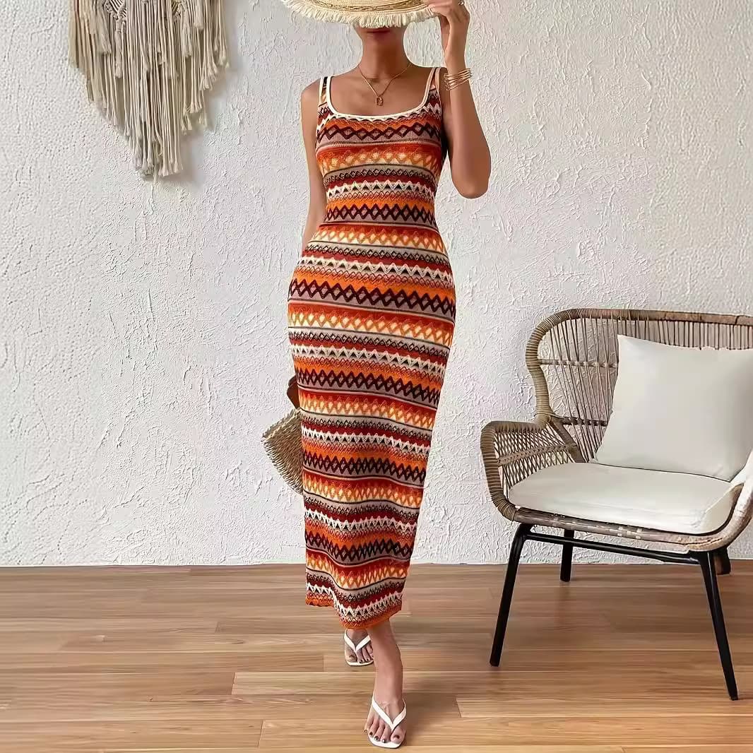 Women's Clothing Women's Personality Street Fashion Casual Striped Sleeveless Square Neck Dress Women