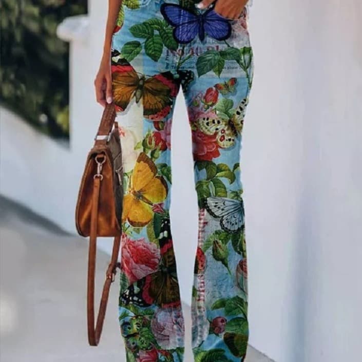Women's Clothing Large Size Printed Denim Casual Thin Jeans