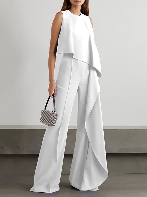Women's Clothing Solid Color Fashion Temperament Vest High Waist Wide Leg Pants Women's Irregular Zipper Jumpsuit Women