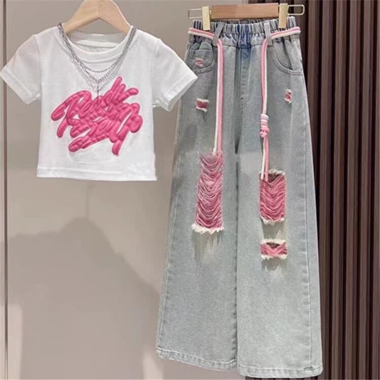 Girls' Trendy 2-Piece Outfit Set Graffiti Print Distressed Denim Artistic Streetwear Kids Clothing 120-170 Cm