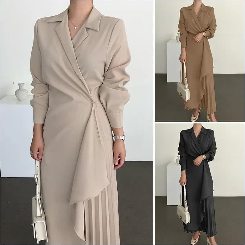 Women's formal elegant shirt dress Retro long solid color long waist dress