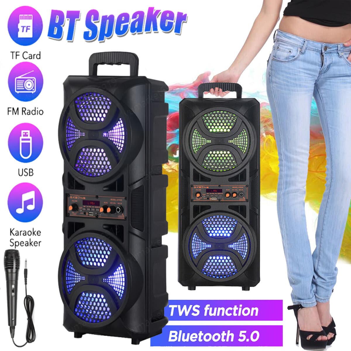 Enceinte Bluetooth portable de 3 000 W avec caisson de basses et micro