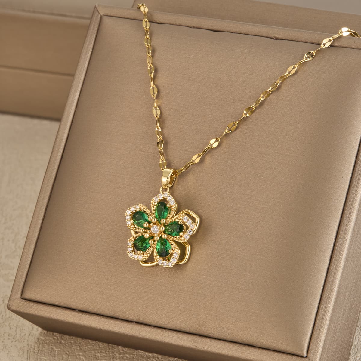 Copper Plated Gold Necklace Female Zircon Petal Rotating Pendant Titanium Steel Chain