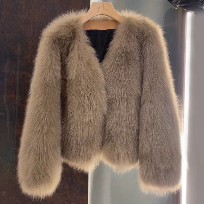Trendy Women’s Faux Fox Fur Coat, V-Neck Elegant Blouse, Winter Casual & Office Wear In Milk Tea, Cocoa & Black