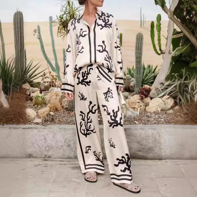 Women's Clothing Fashion Personality Printed Long Sleeve Color Matching Holiday Leisure Loose Suit