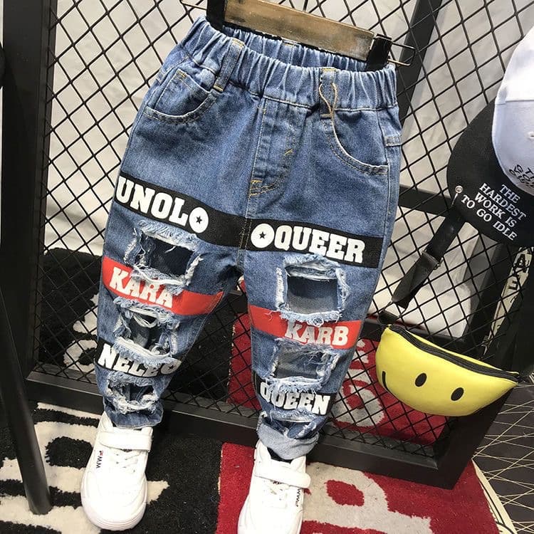 Mother&Kids Boys Ripped Jeans In The Small Children Big Holes Show Flesh Fashion Cool Pants