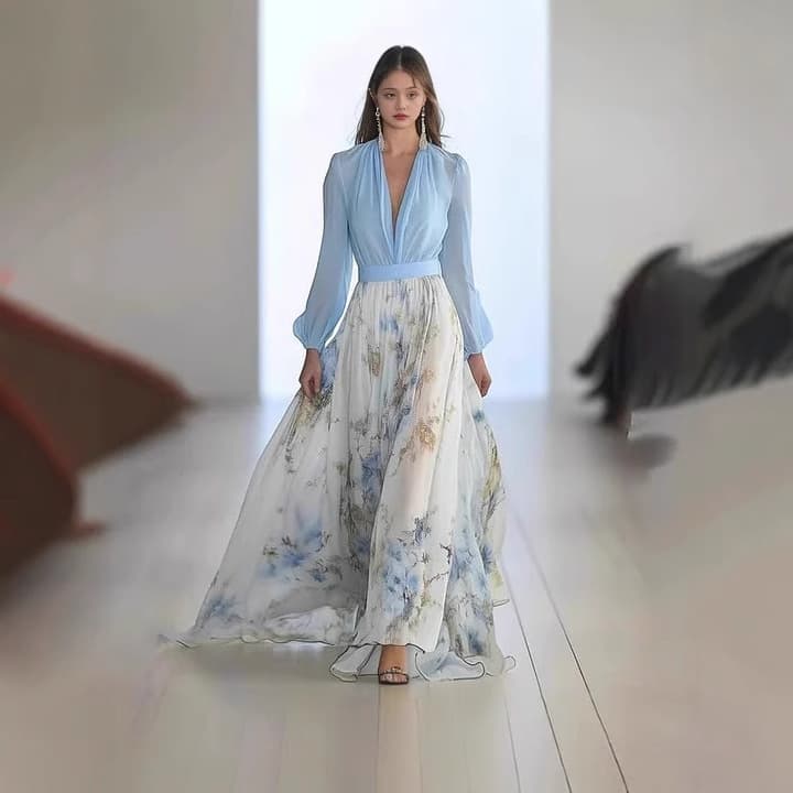 Verve 2025 Women's Fashion Digital Print Long Sleeve V-neck Patchwork Maxi Dress
