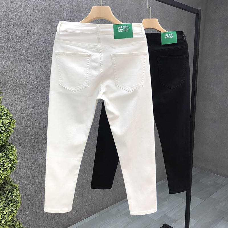 Spring And Autumn Style Solid Color Jeans, Trendy Slim Fit Small Leg Cropped , Men's Spirit Young Man White Casual