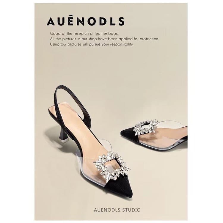 Women's Shoes PVC Transparent Square Buckle Backless Sandals For Women With Stiletto Heels, Closed Toe, Elegant Pointed Toe, High Heeled Fashion Shoes