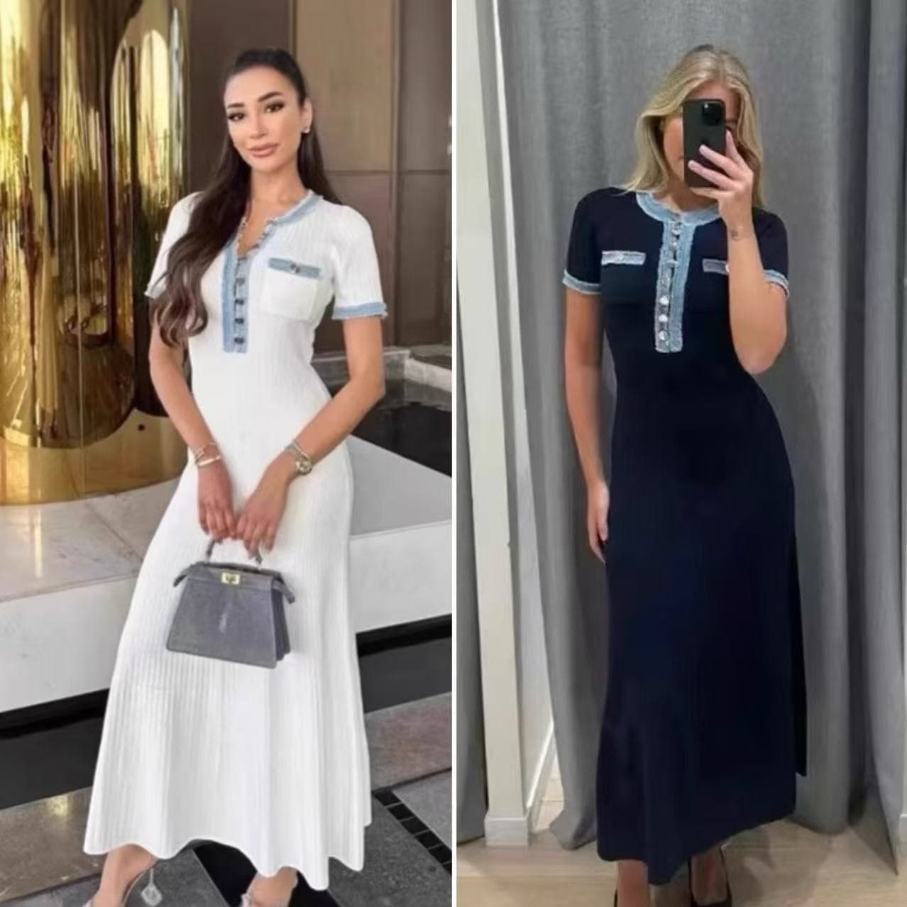 Women's Clothing Denim Tassel Trim Stitching Knitted Dress