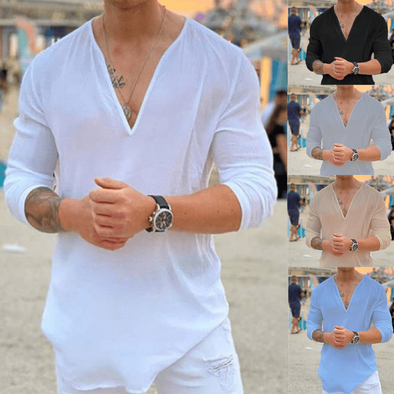 Men's Clothing Independent Station New Fashion V-neck Casual Solid Color Men's T-shirt Foreign Trade