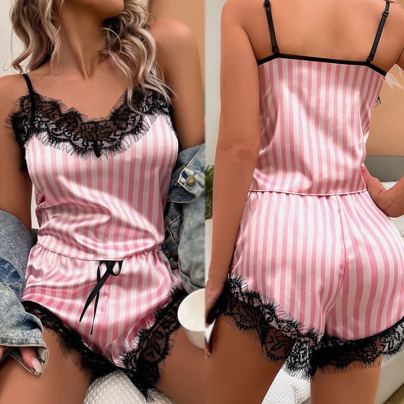Summer Sexy Lingerie Suspender Pink Striped Satin Simulated Silk Lace Pajamas Set