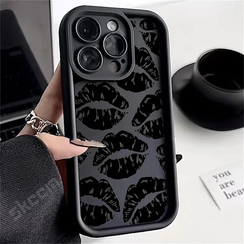 Black Lips Kiss Print Soft Silicone Phone Case For IPhone 16 15 Pro Max 14 13 12 11 Pro Max 7 8 15 Plus X XS XR Shockproof Cover