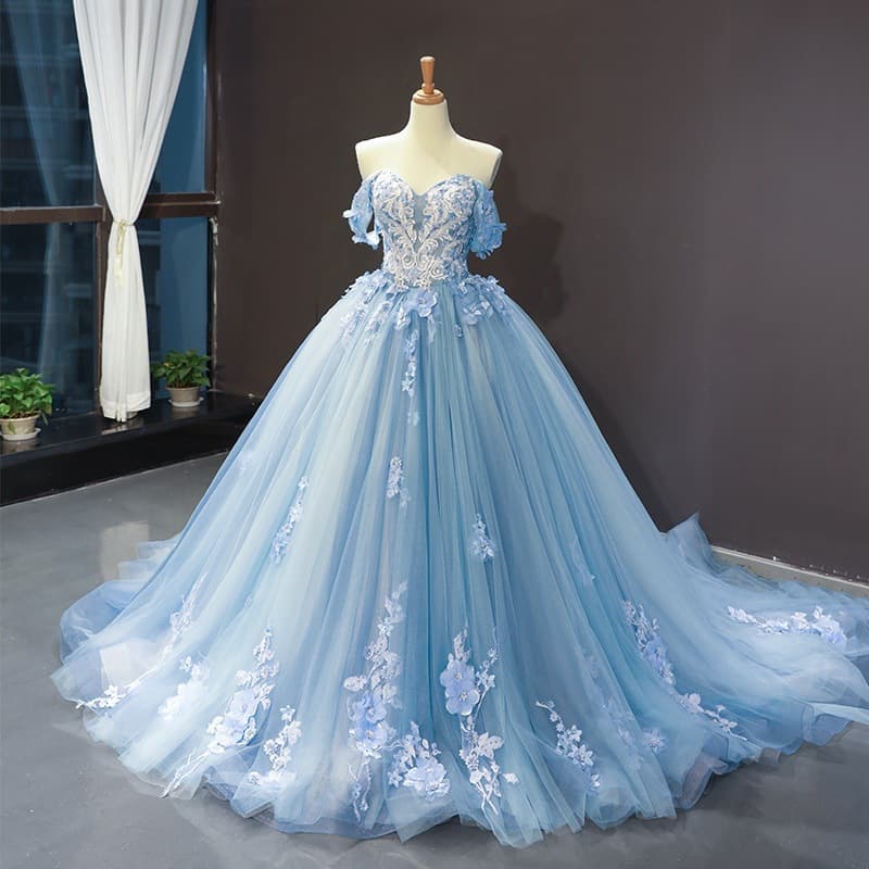 Banquet Evening Dress Female Tube Top Host Long Puffy Skirt Bride Wedding Temperament High End Blue Colored Yarn