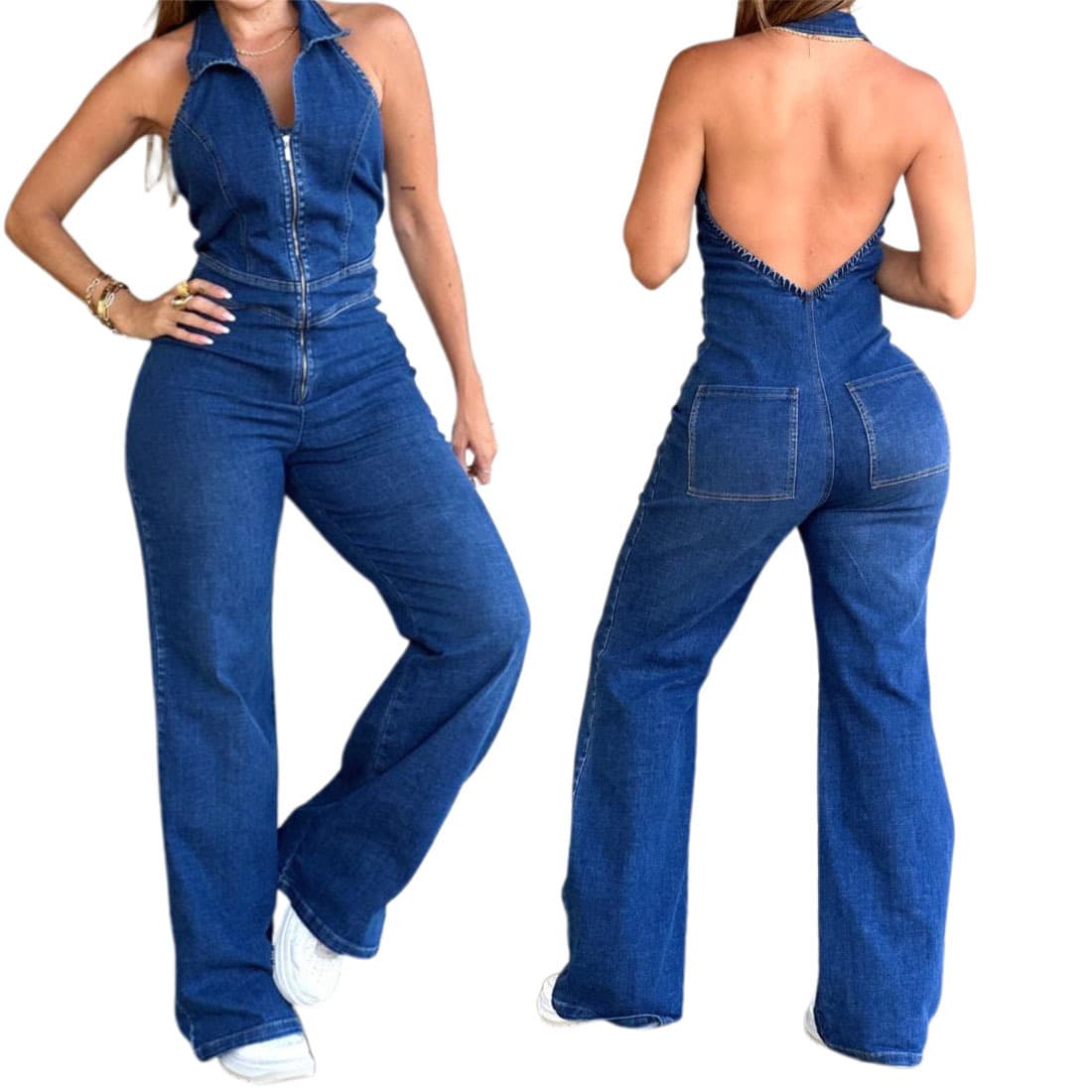 European American Style Women's Slim Fit Sleeveless Denim Jumpsuit Spring Fashion Street Retro Backless New Arrival