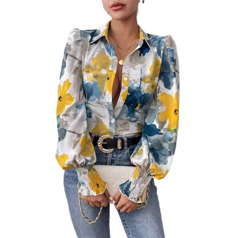 Autumn And Winter New Lapel Bubble Long-sleeved Loose Print Shirt Shirt