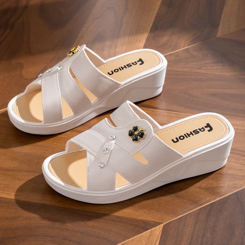 Women's High Heeled Slippers For Summer Wear, Thick Fashionable Home Anti Slip Mom's Shoes, Soft Soled Social Slope Heel