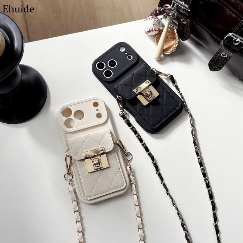 Luxury Wallet Strap Case For Iphone 17 Pro Max 16 15 14 Plus 13 12 Card Holder Crossbody Lanyard Cord Chain Shoulder Bag